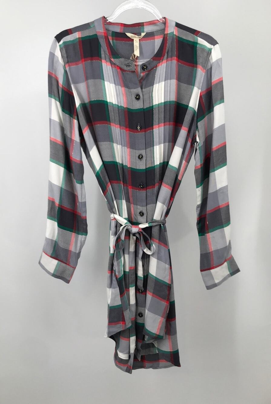 Matilda Jane Plaid Flannel Long Sleeve Tie Belt Shirt Dress L Gray White